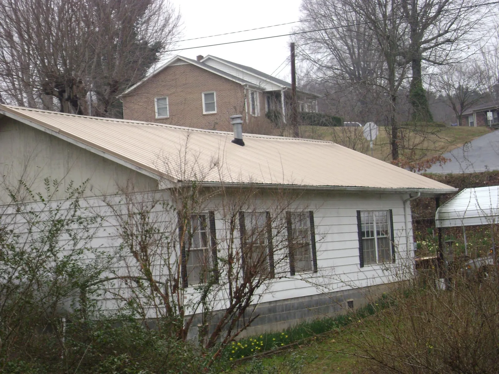 Tan metal roof on a white sided house set into a hillside — Commercial Roofing by Roofing Brothers in Statesboro